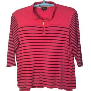 Jones New York Signature Quarter Zip Top‎ Shirt Pink Navy Stripe 3/4 Sleeve XXL